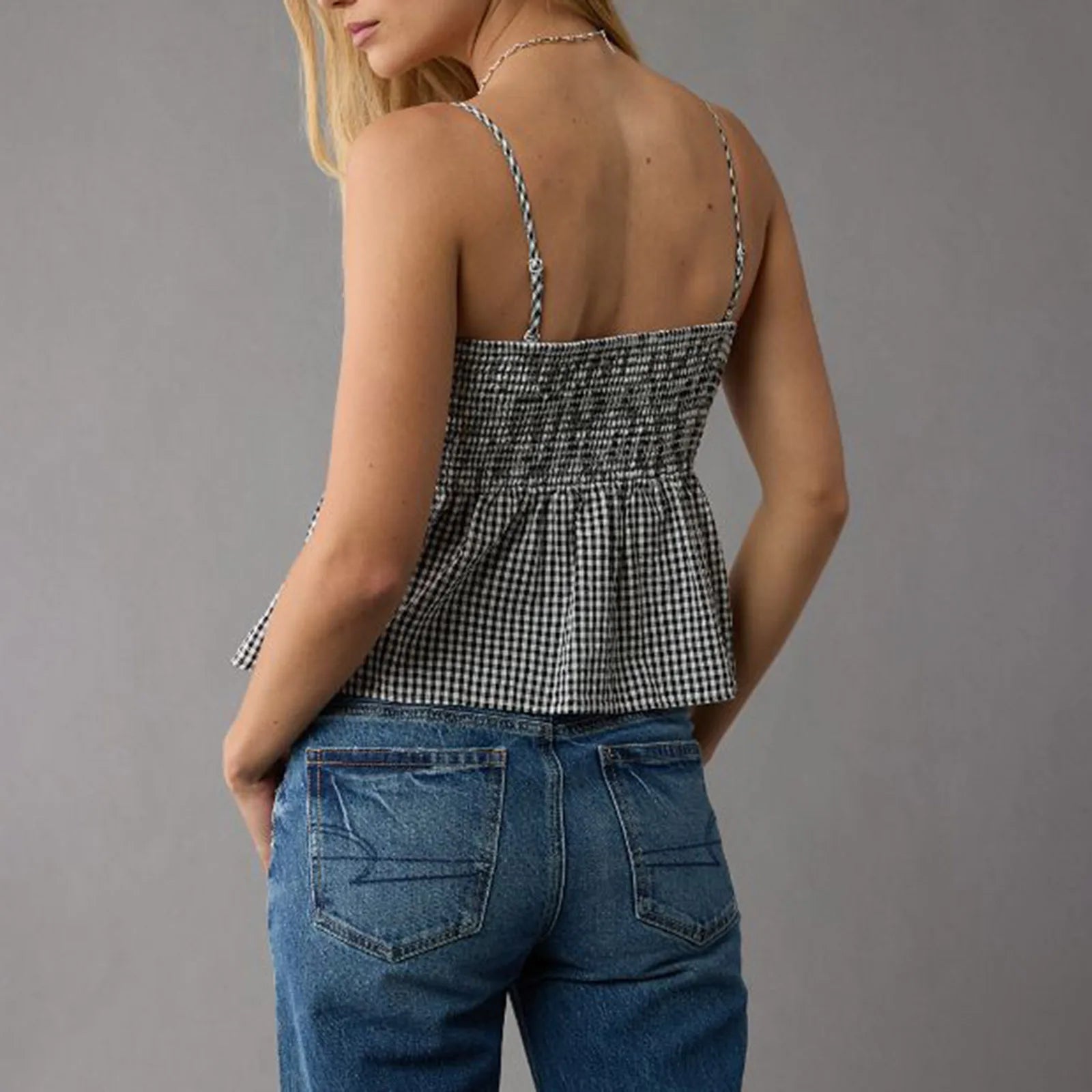 Smocked Gingham Peplum Crop Top