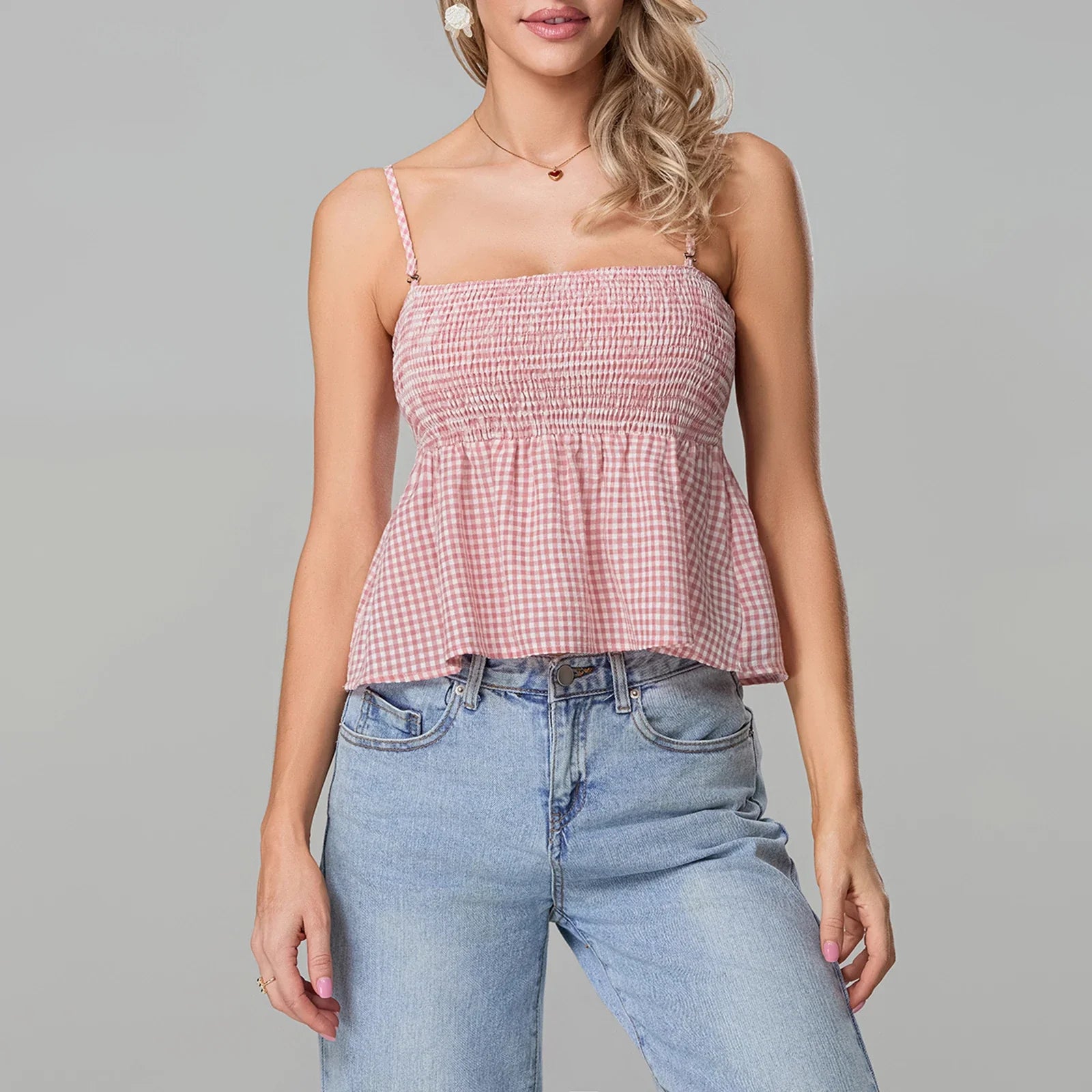 Smocked Gingham Peplum Crop Top