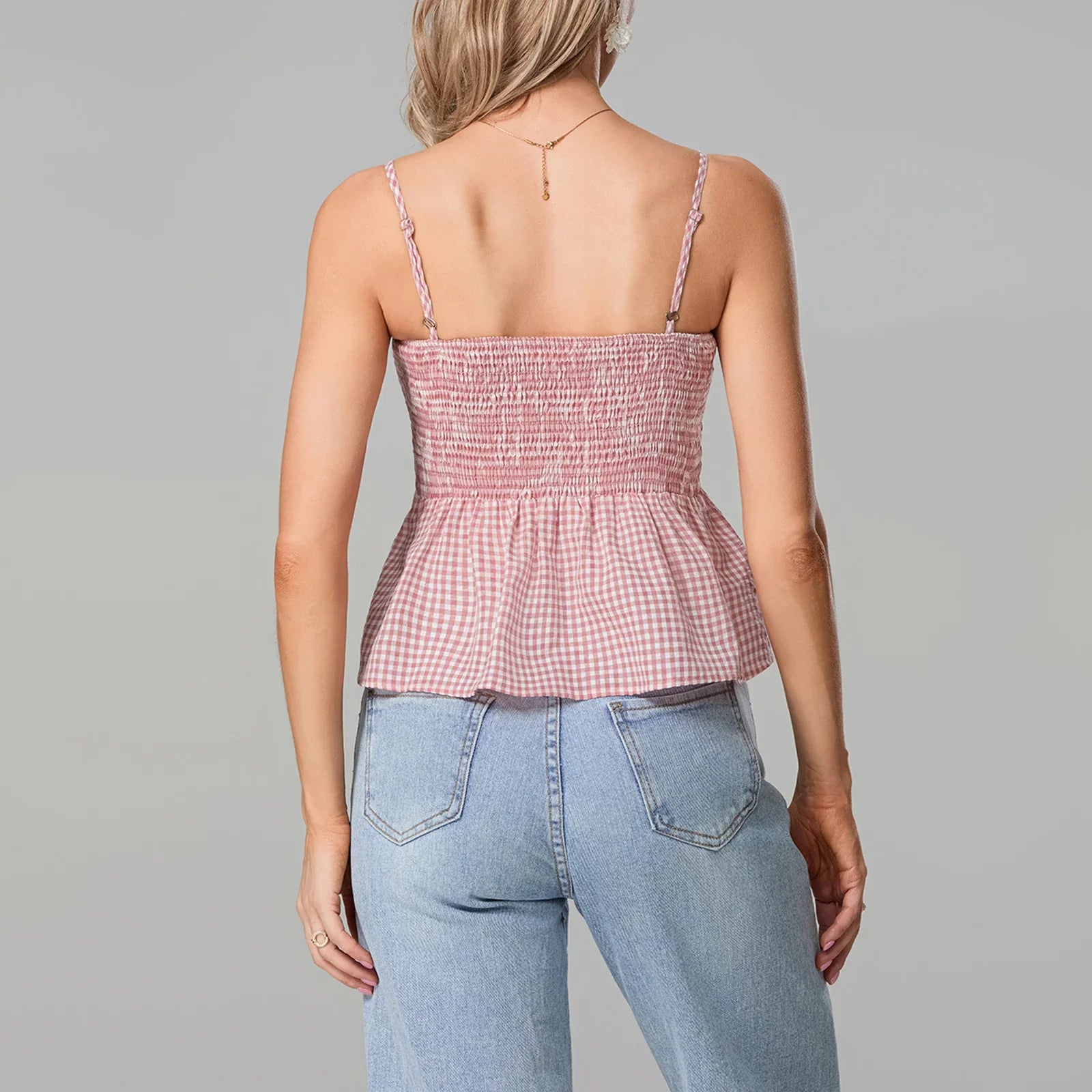 Smocked Gingham Peplum Crop Top
