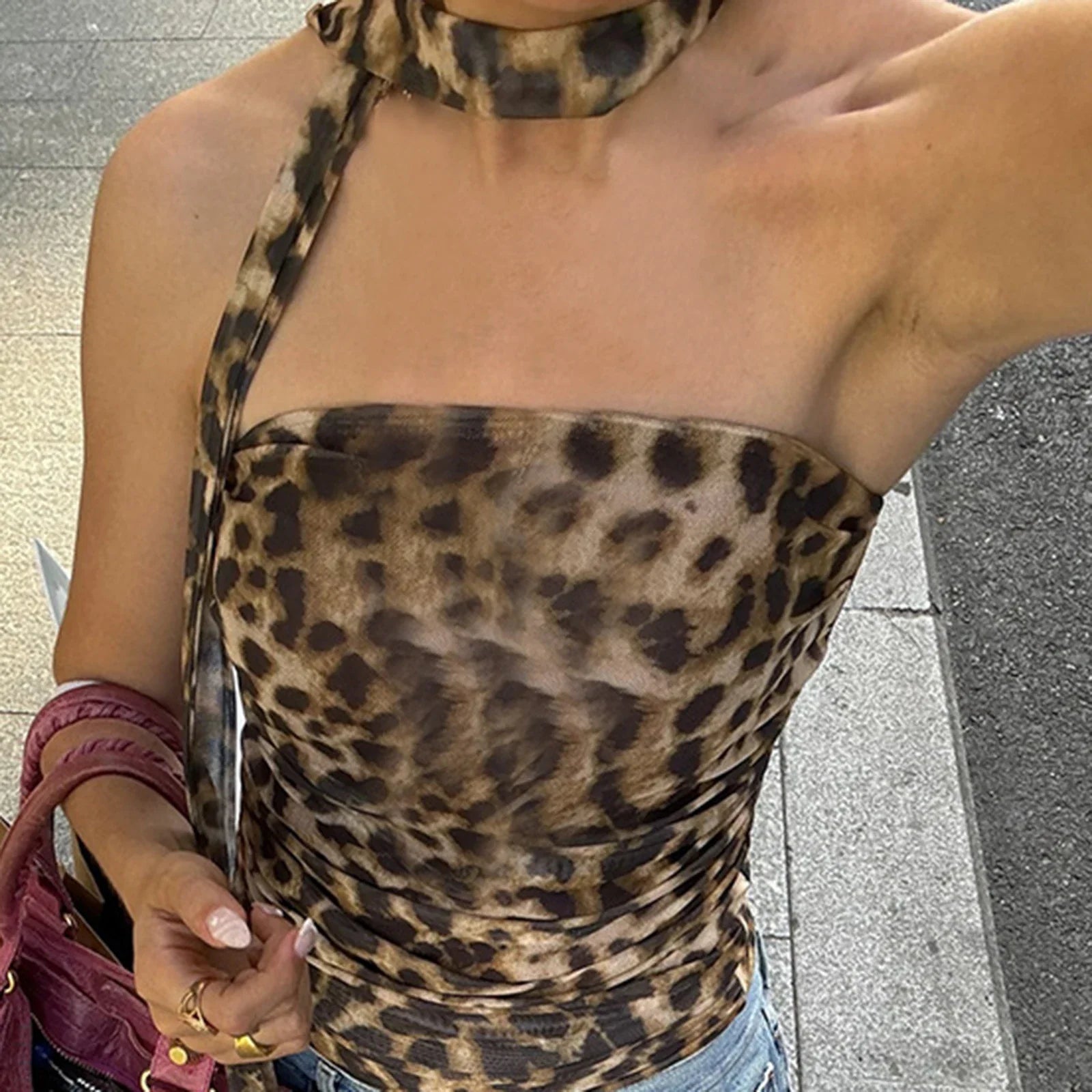 Leopand Ruched Scarf Crop Top