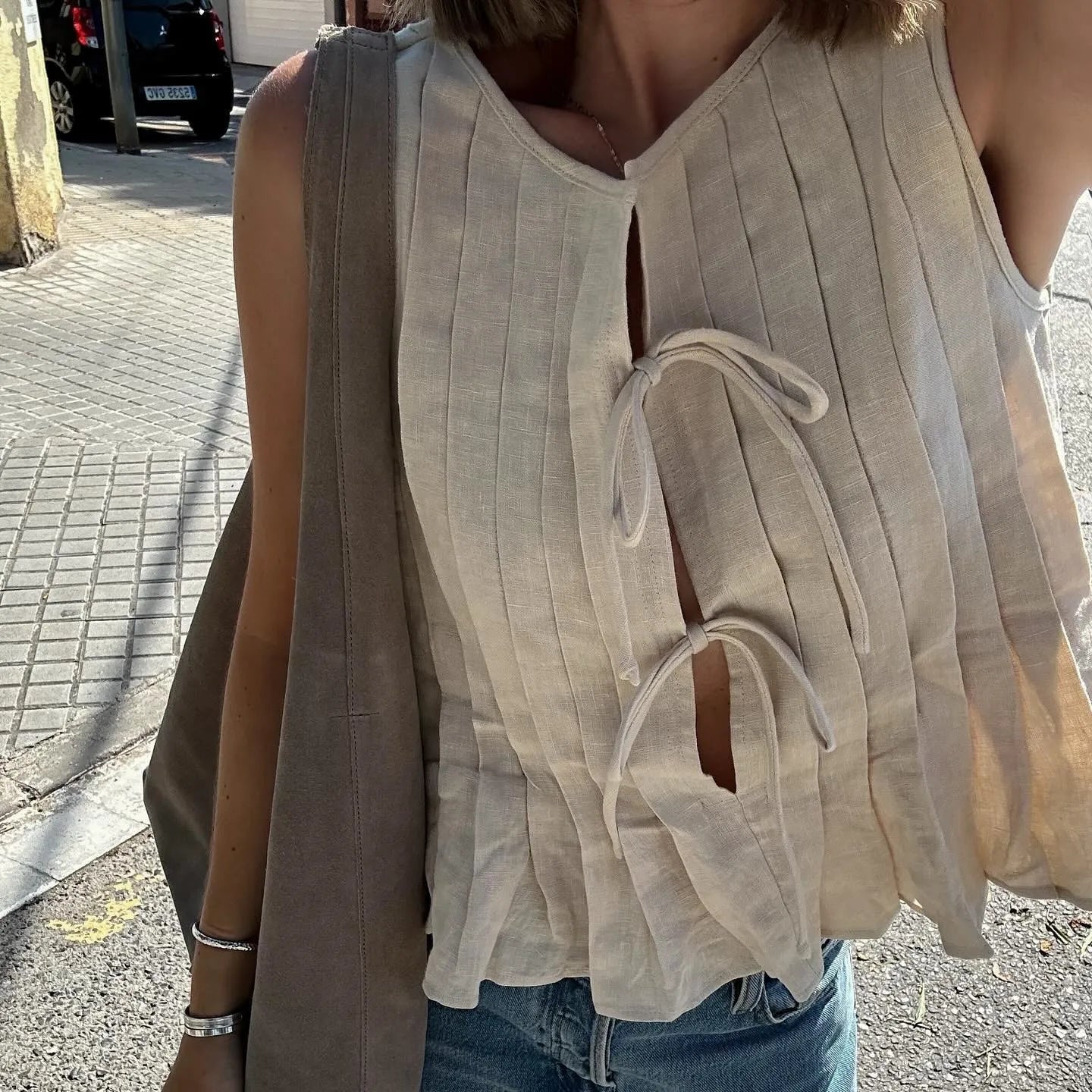 Pleated Cut-Out Ruffle Crop Top