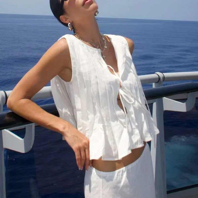 Pleated Cut-Out Ruffle Crop Top