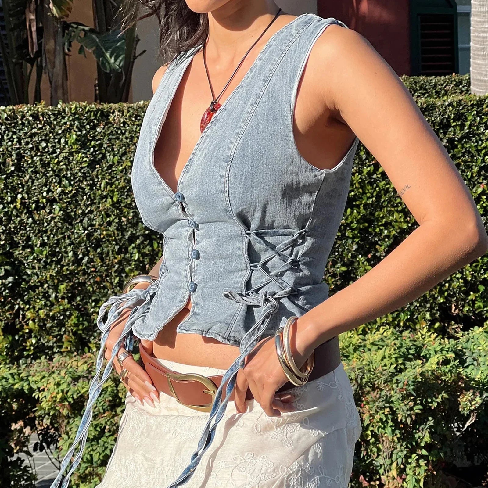 Denim Button V-Neck Crop Top