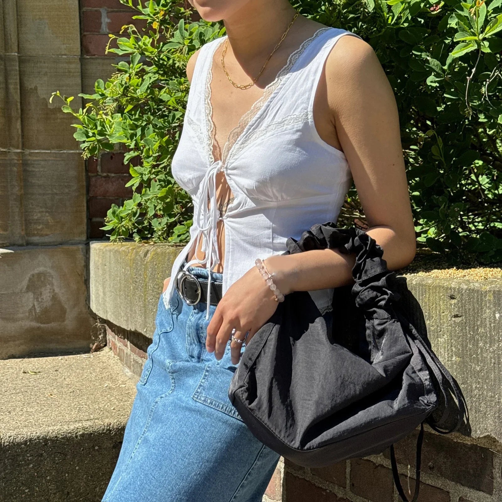 Lace Patchwork Bow Tie Crop Top