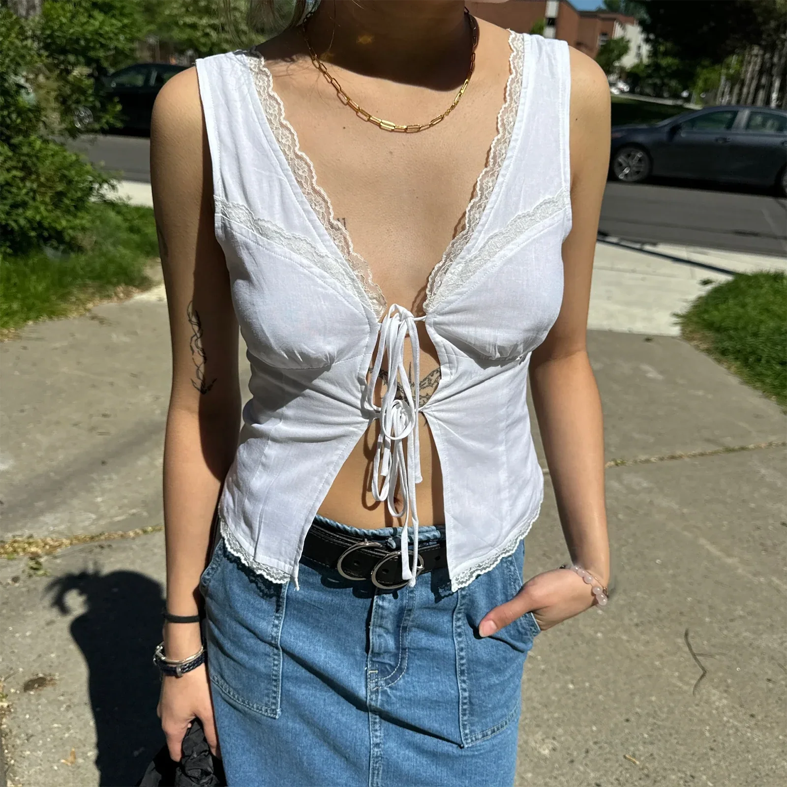 Lace Patchwork Bow Tie Crop Top