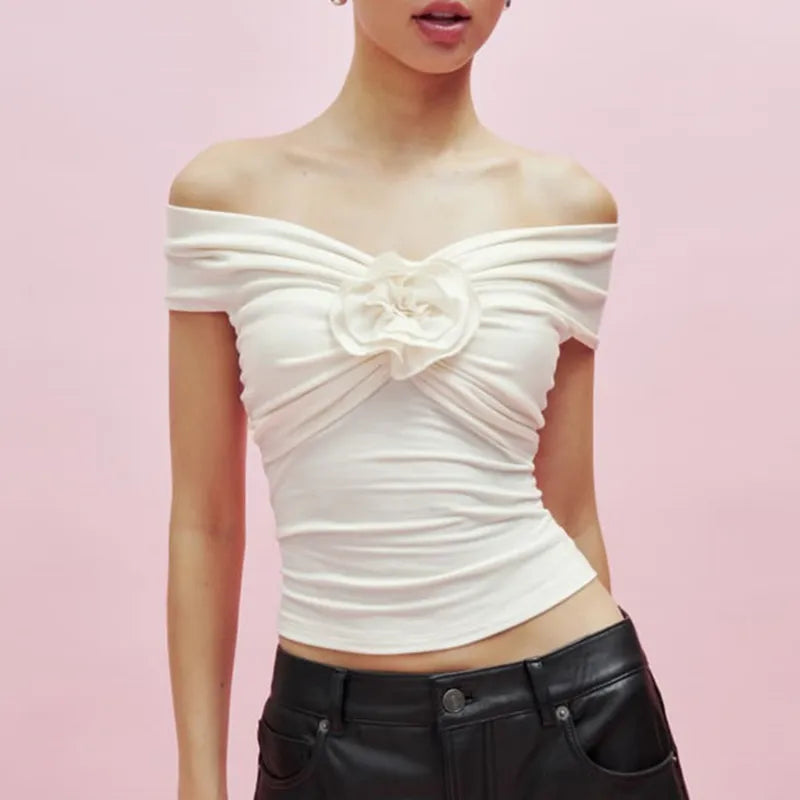 3D Flower Contrast Crop Top - Fashionpara