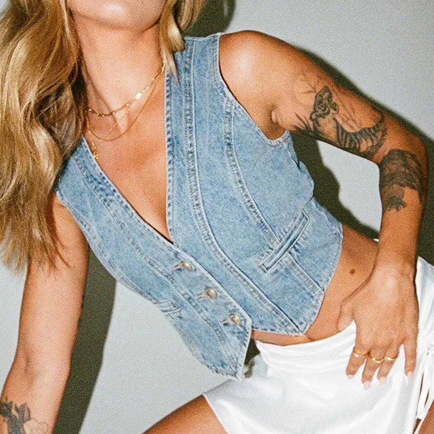 Denim Button Chic Crop Top