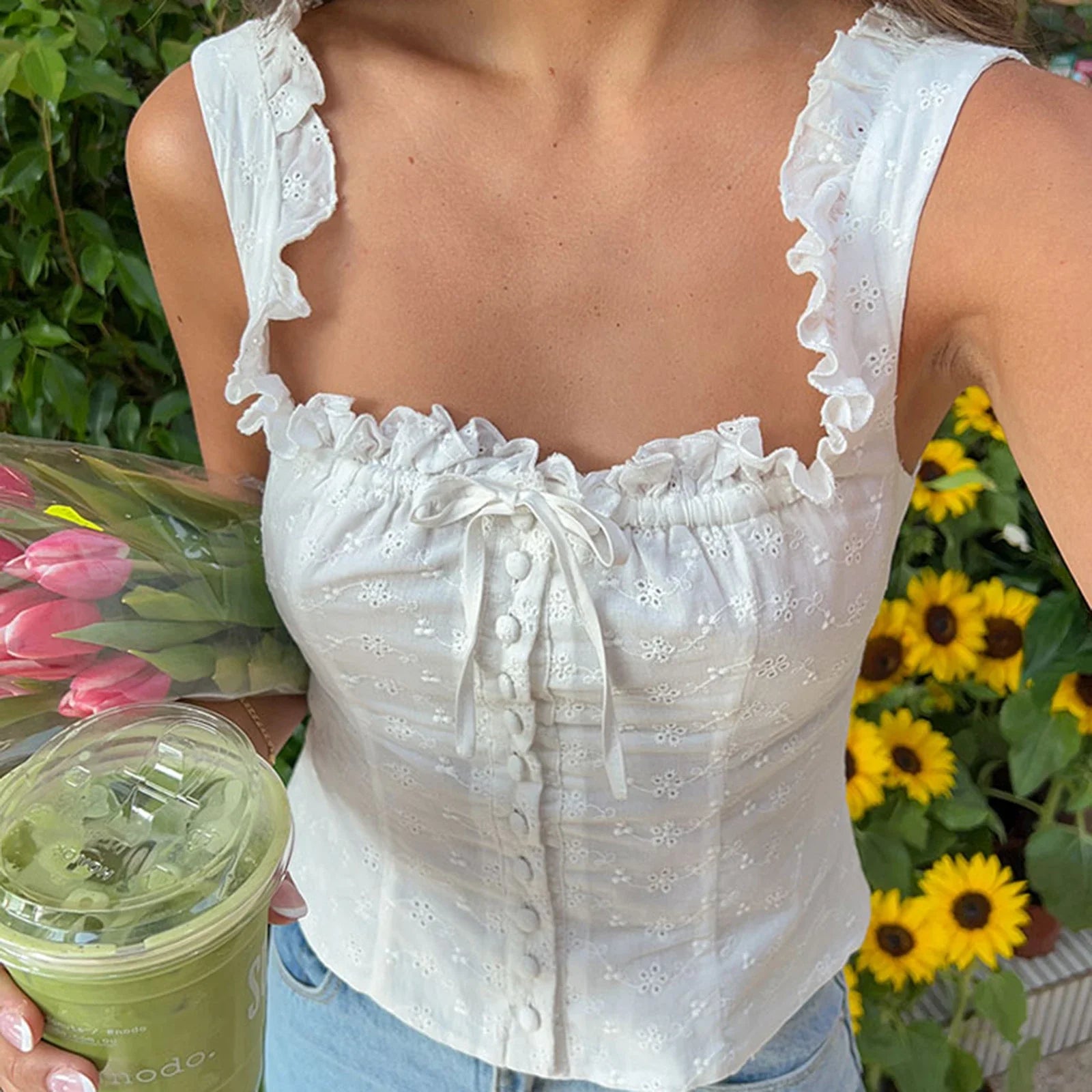 Hollow Eyelet Bow Crop Top