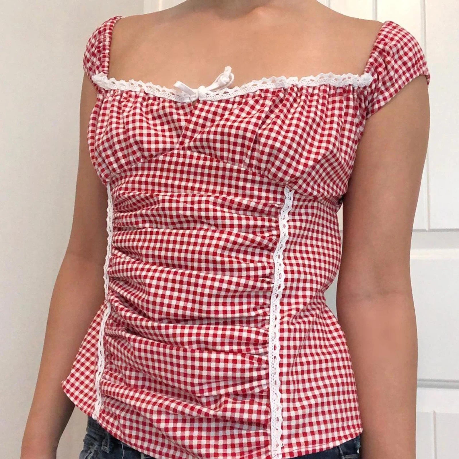 Red Gingham Ruffled Crop Top