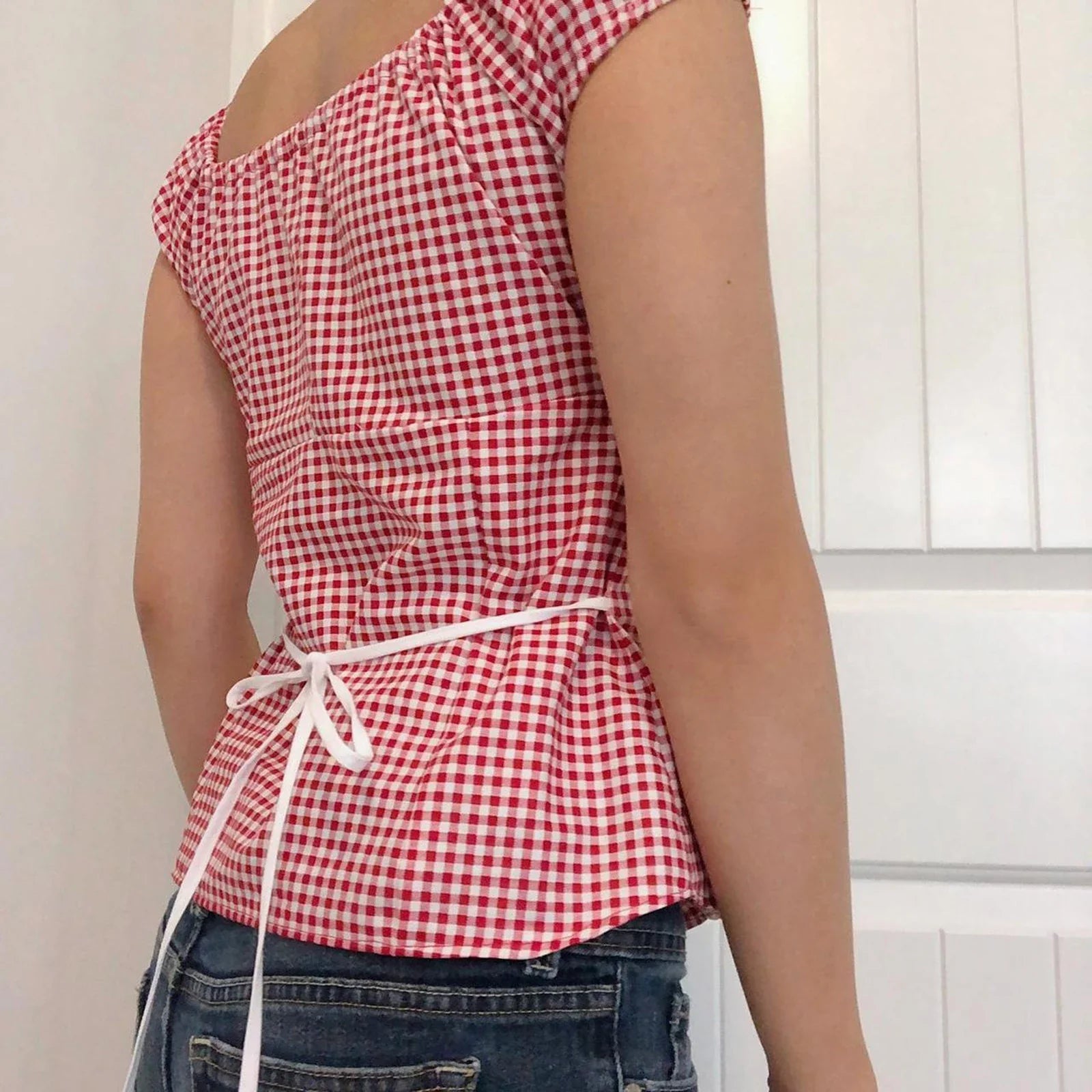 Red Gingham Ruffled Crop Top