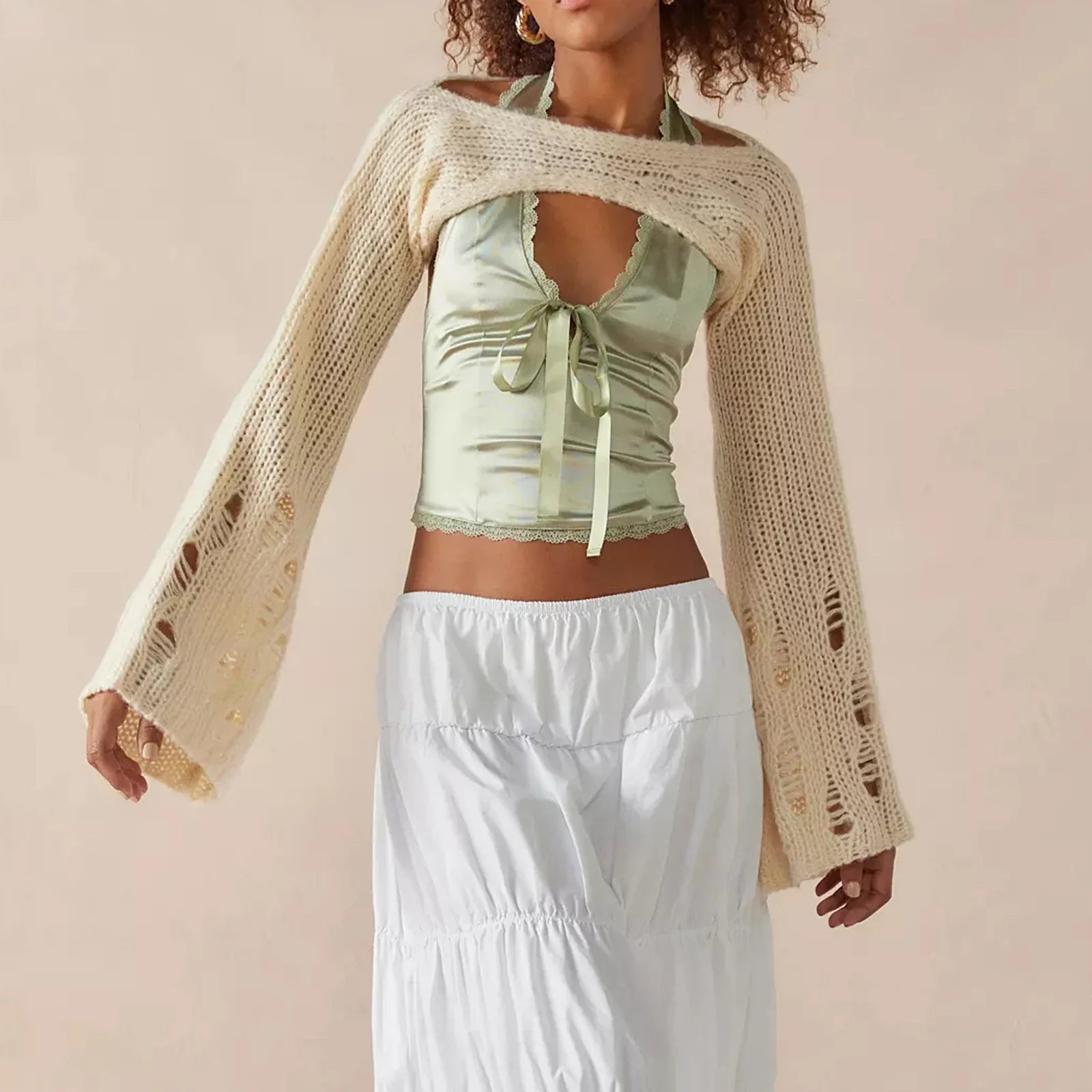 Satin Bowknot V-Neck Crop Top