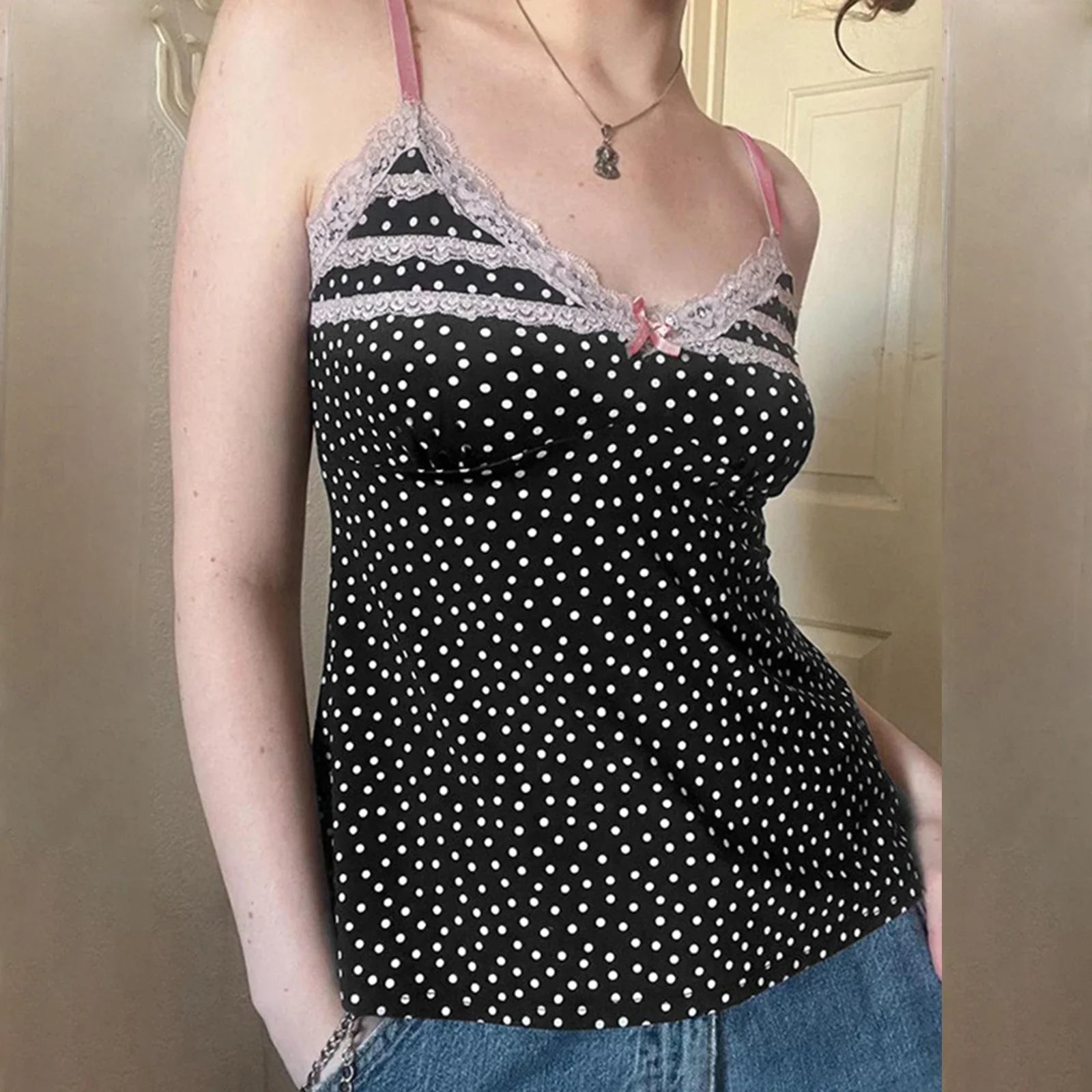 Polka Dot Bow Lace Crop Top