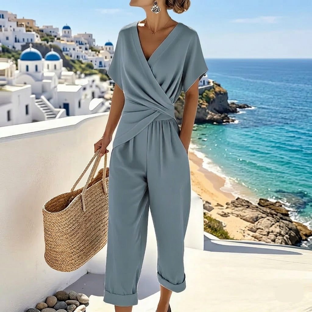 V-Neck Twist Front Top and Cropped Pants Two Piece Set