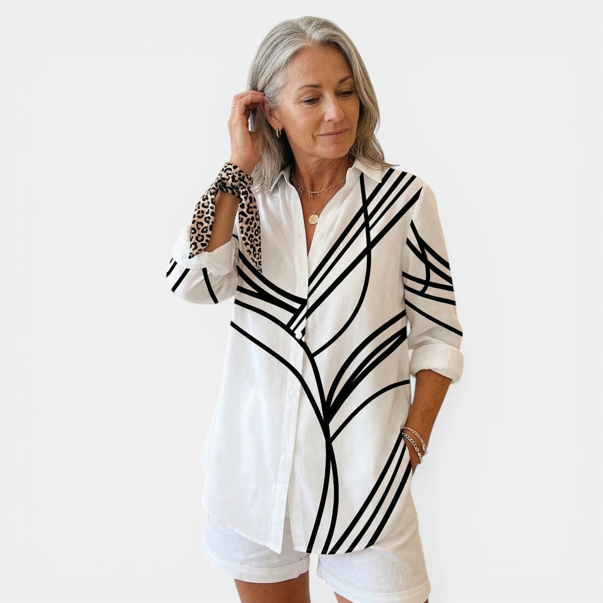 Abstract Line Print Collared Long Sleeve Button Blouse