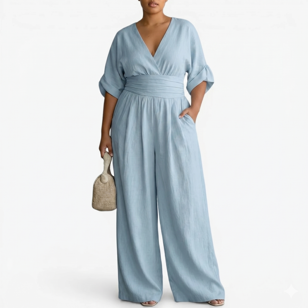 V-Neck Half Sleeve Wrap Wide Leg Jumpsuit 2