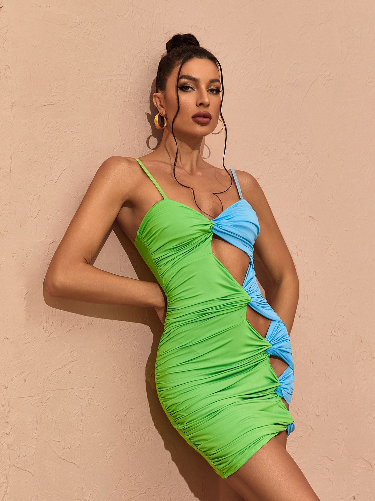 Two-Tone Spaghetti Strap Cutout Ruched Bodycon Mini Dress 3