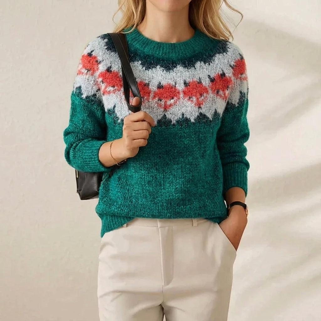 Fair Isle Yoke Crew Neck Knit Sweater