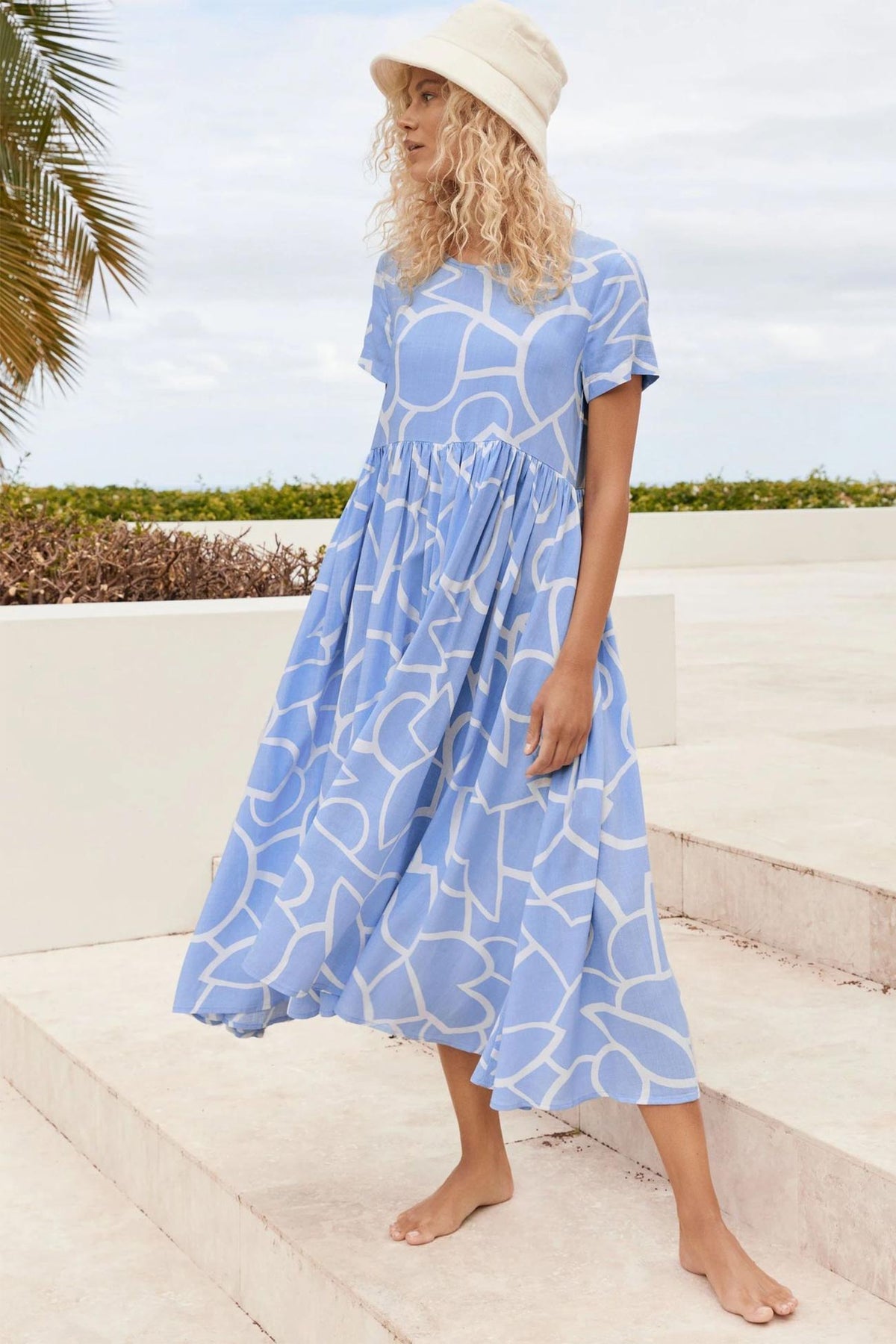 Geometric Print Short-Sleeve Tiered Midi Dress