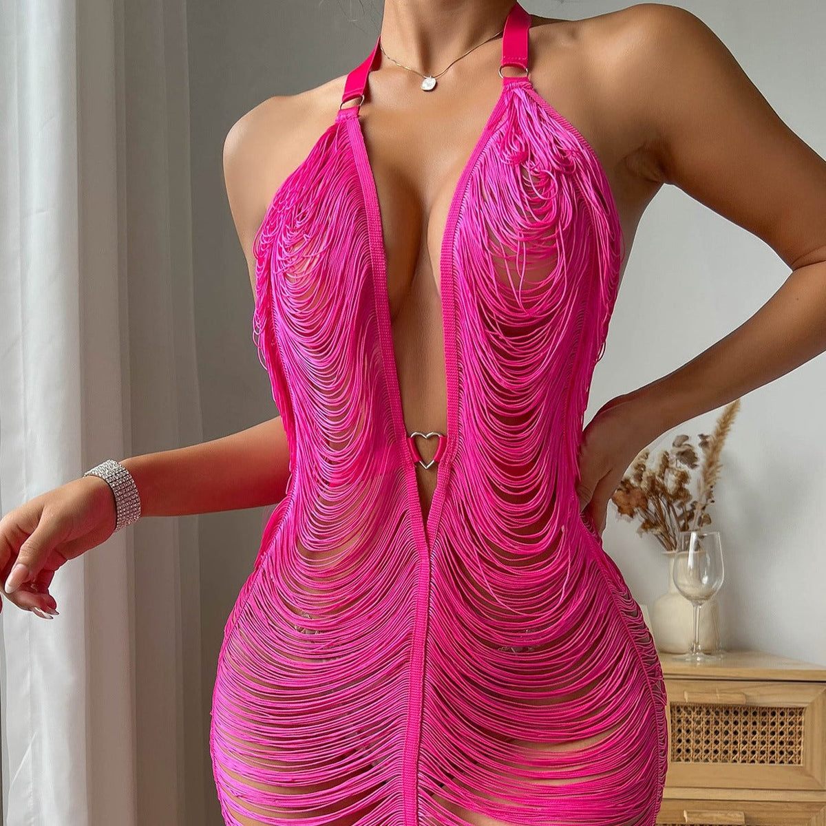 Halter Deep V-Neck Fringe Distressed Bodycon Mini Dress