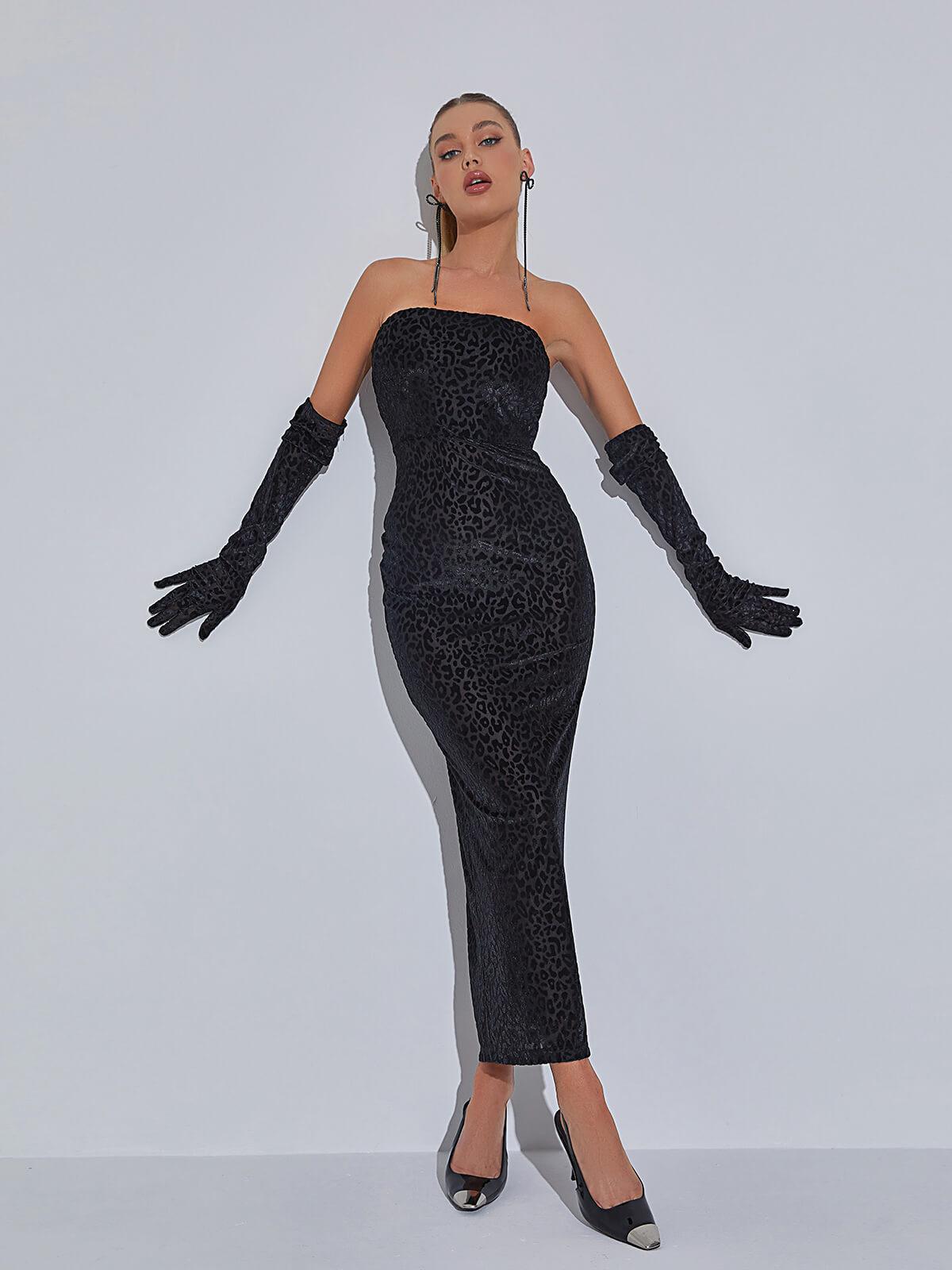 Flocked Leopard Print Strapless Bodycon Maxi Dress