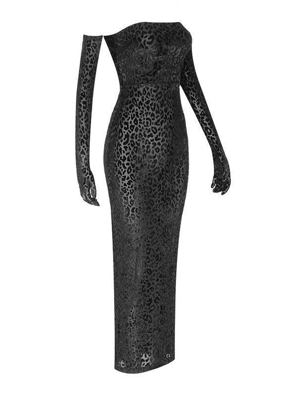 Flocked Leopard Print Strapless Bodycon Maxi Dress 8