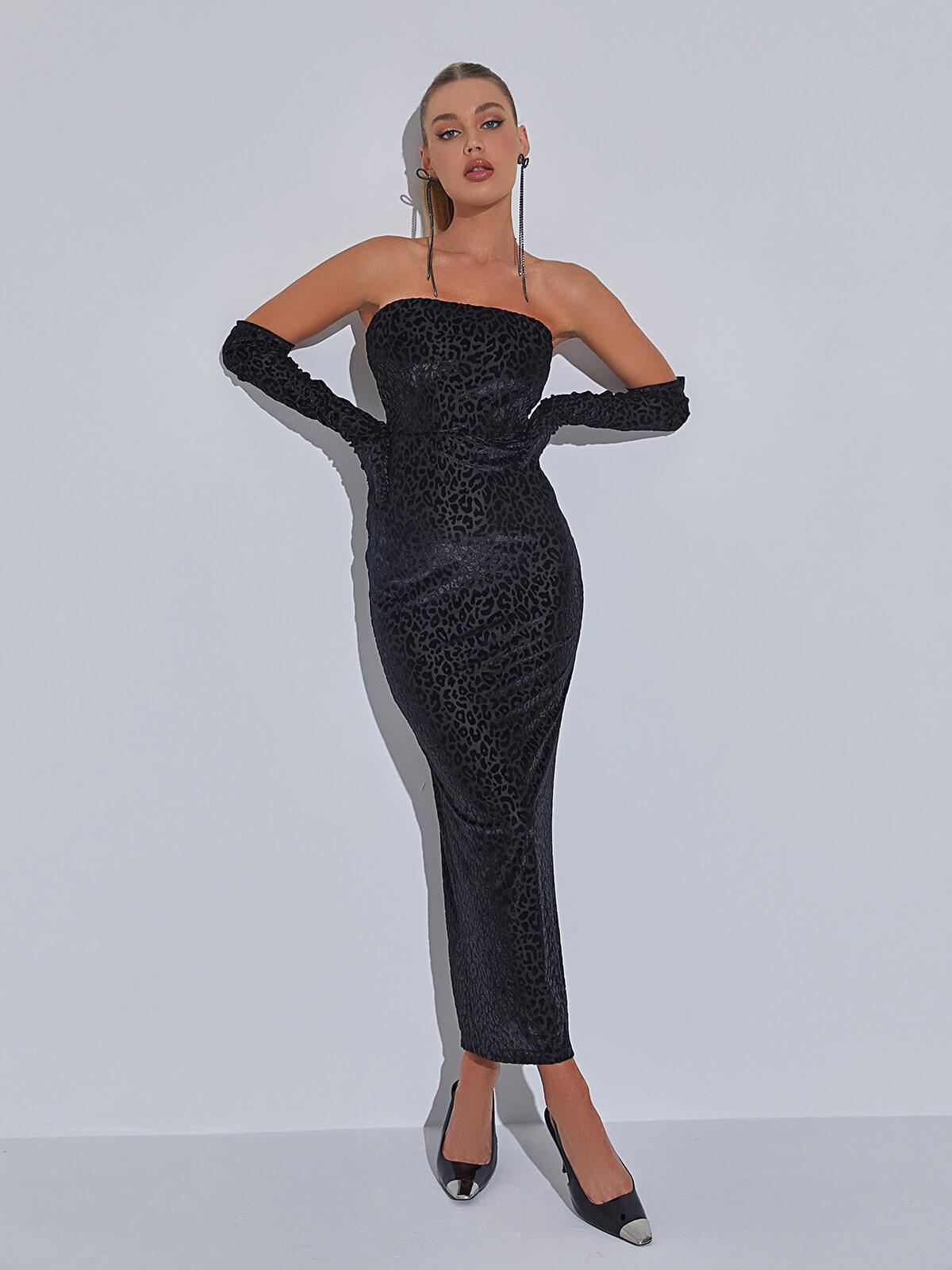 Flocked Leopard Print Strapless Bodycon Maxi Dress 2