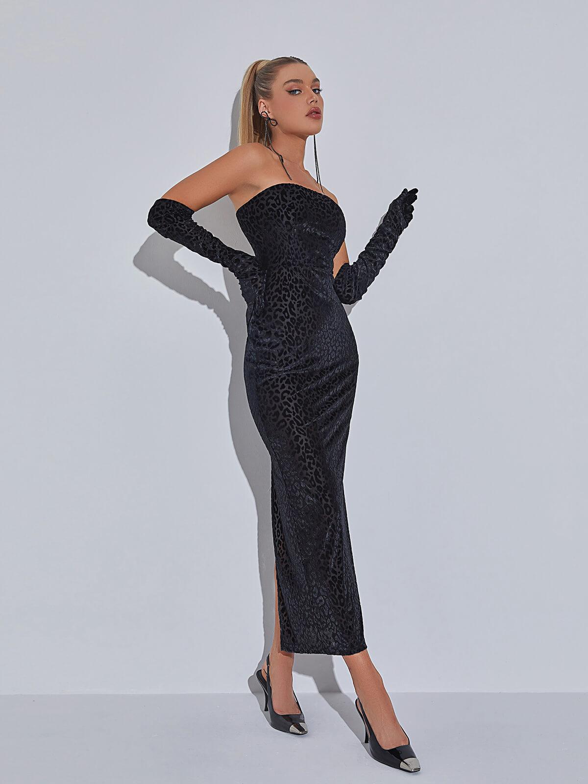 Flocked Leopard Print Strapless Bodycon Maxi Dress 4