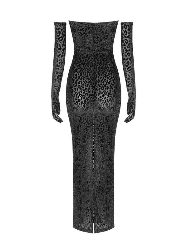 Flocked Leopard Print Strapless Bodycon Maxi Dress 9