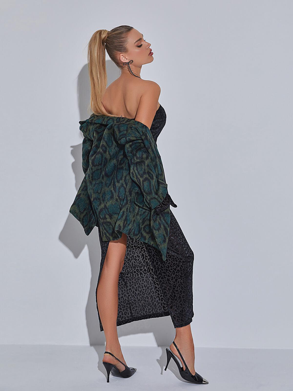 Flocked Leopard Print Strapless Bodycon Maxi Dress 5