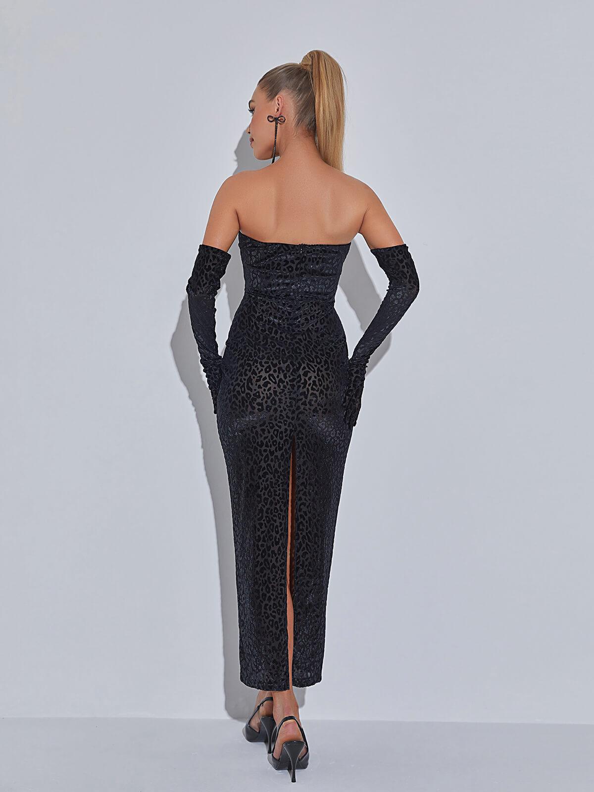 Flocked Leopard Print Strapless Bodycon Maxi Dress 6