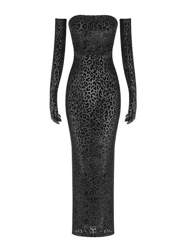 Flocked Leopard Print Strapless Bodycon Maxi Dress 7