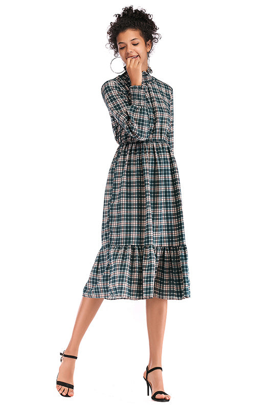 Gingham Ruffle Trim High Neck Chiffon Dress - Mislish