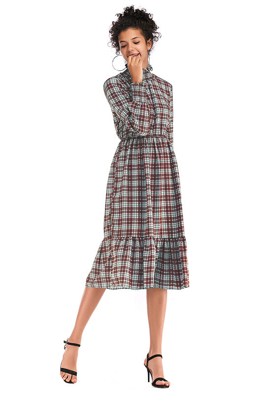 Gingham Ruffle Trim High Neck Chiffon Dress