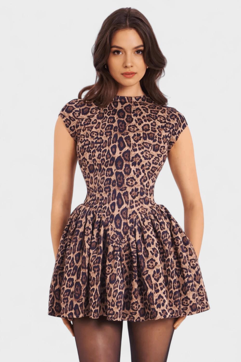 Leopard Print High Neck Cap Sleeve Fit and Flare Mini Dress