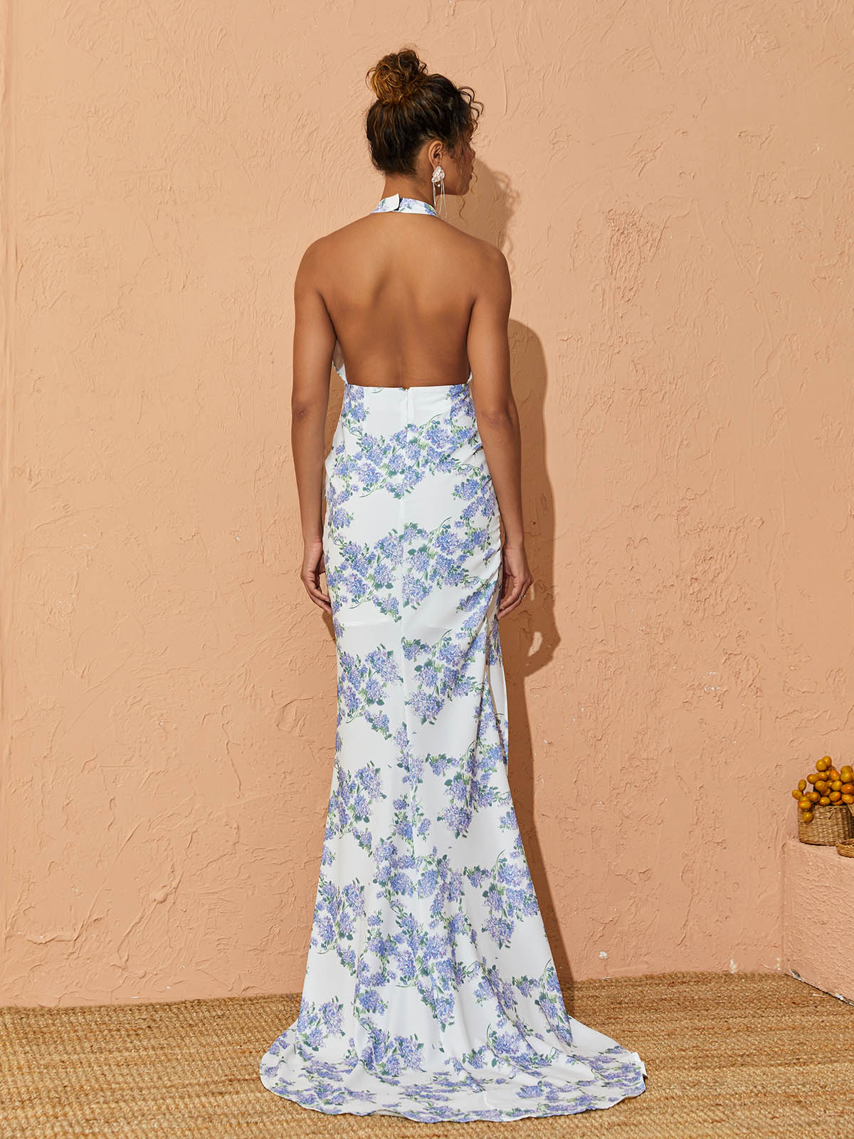 Floral Halter Neck Backless Satin Fishtail Maxi Dress 5