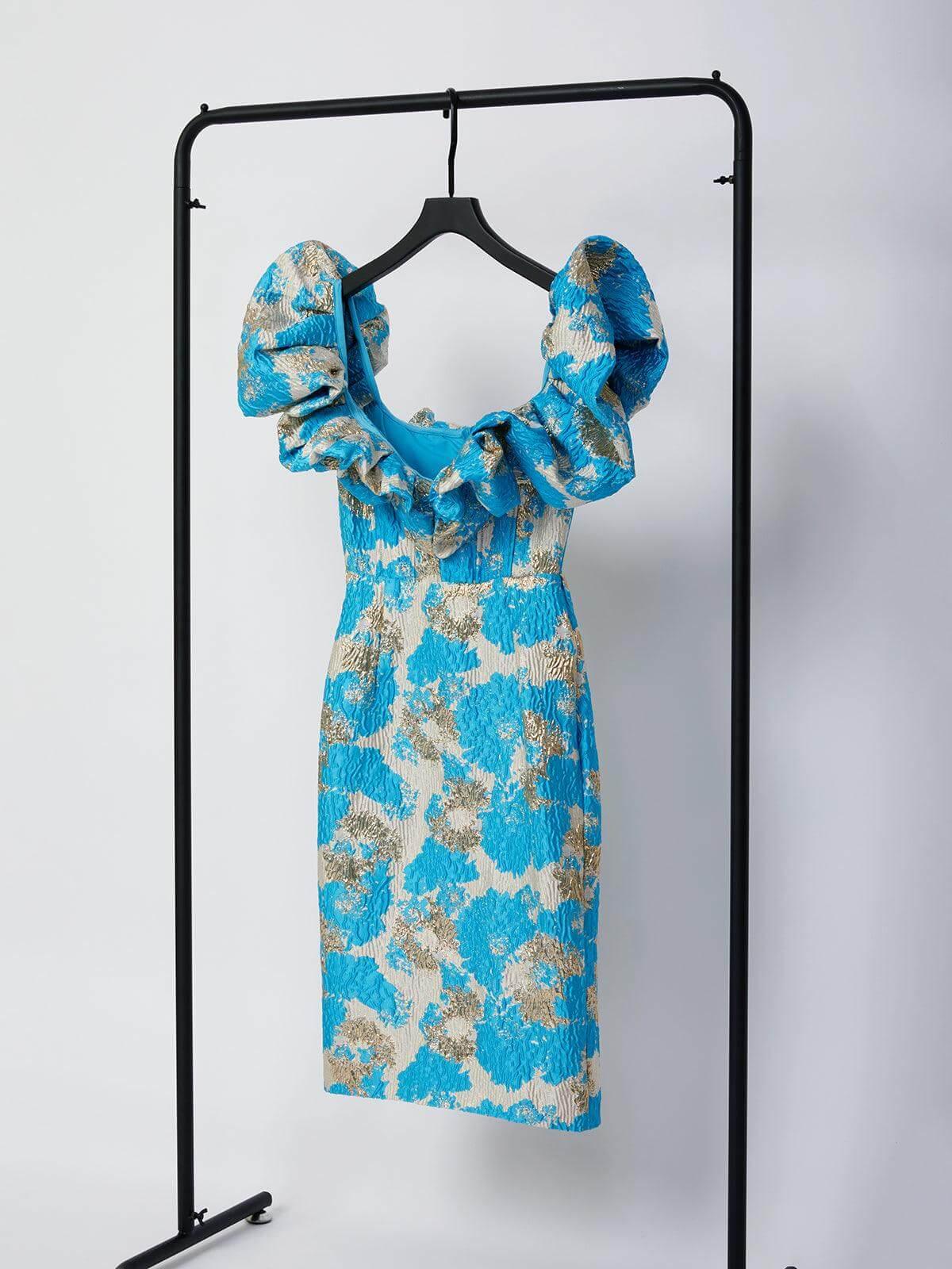 Jacquard Off Shoulder Puff Sleeve Sweetheart Bodycon Midi Dress - View 7