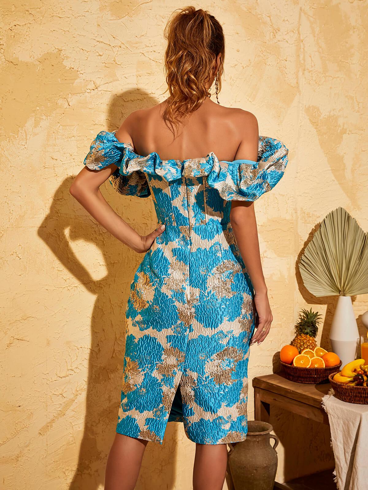 Jacquard Off Shoulder Puff Sleeve Sweetheart Bodycon Midi Dress - View 6
