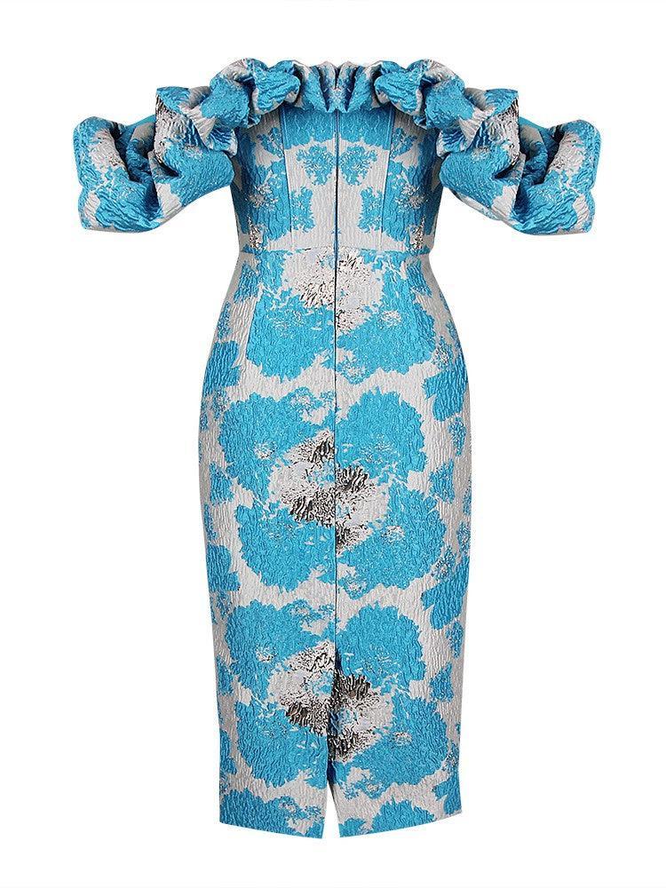 Jacquard Off Shoulder Puff Sleeve Sweetheart Bodycon Midi Dress - View 9