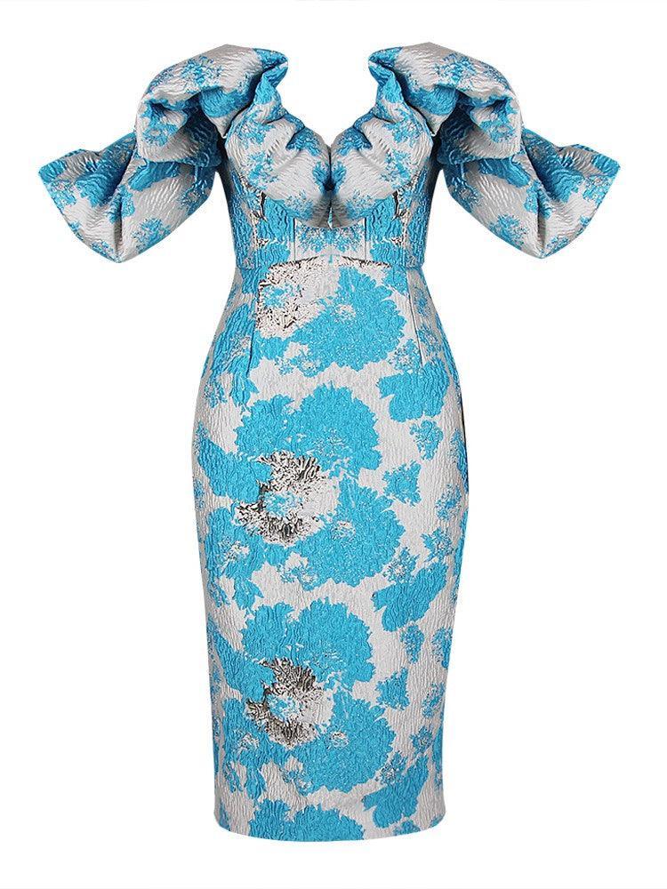 Jacquard Off Shoulder Puff Sleeve Sweetheart Bodycon Midi Dress - View 8