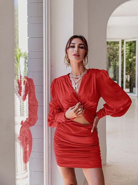 Satin V-Neck Lantern Sleeve Cutout Bodycon Mini Dress 23