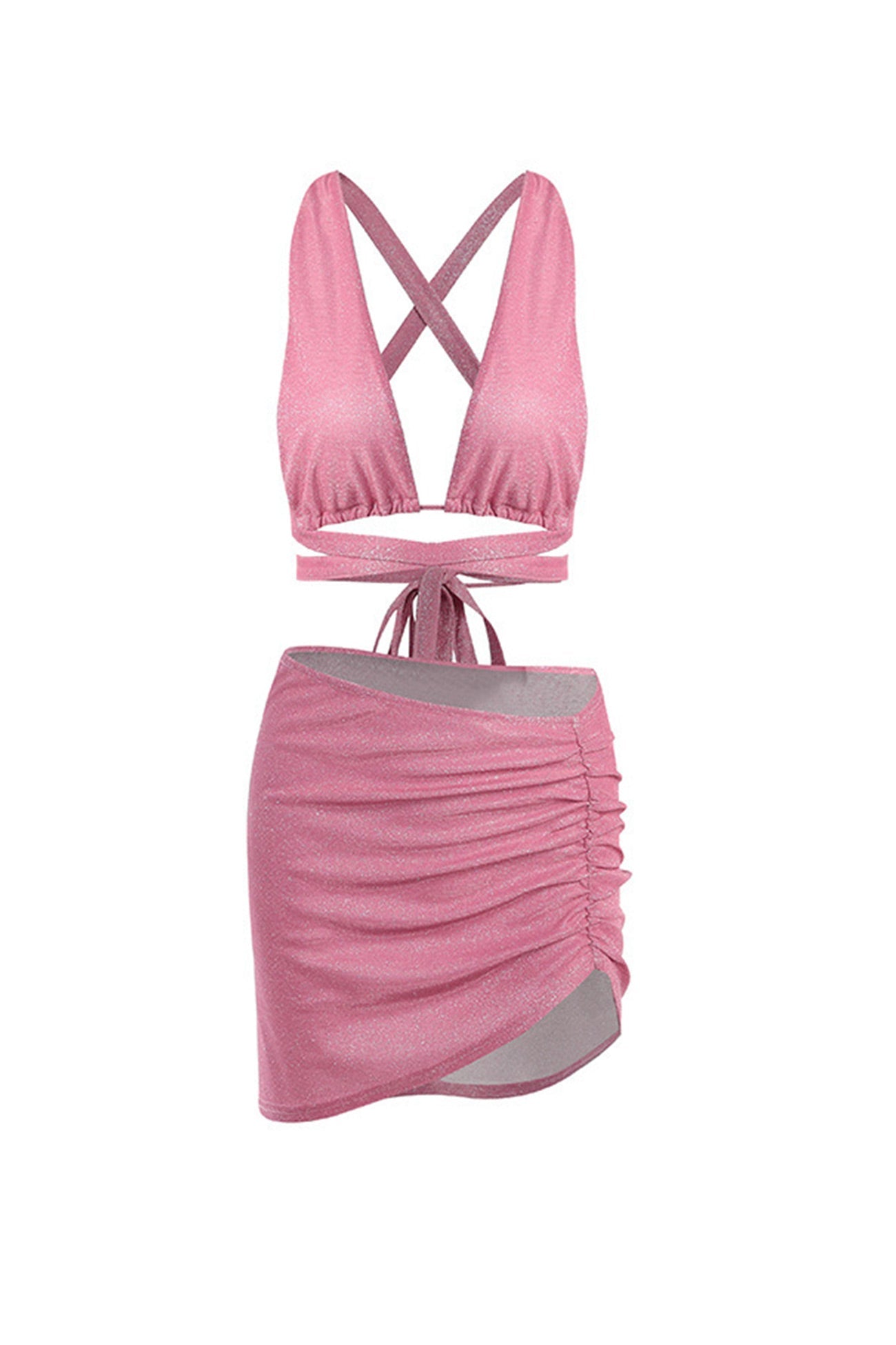 Glitter Crisscross Strappy Crop Top Ruched Skirt Suits