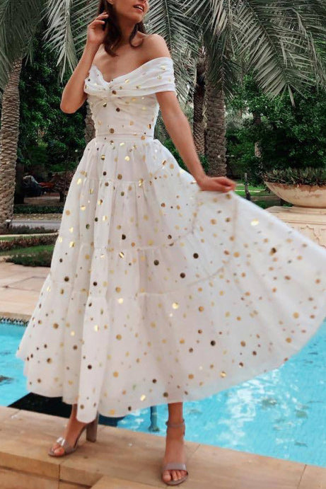 Foil Polka Dot Off-Shoulder Twist-Front Tiered Maxi Dress