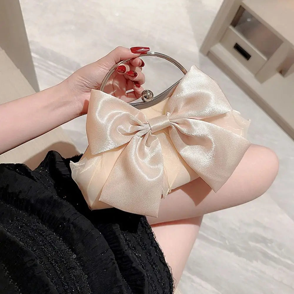 Gold Silk Bowknot Evening Bag Women Elegant Banquet Shoulder Handbag