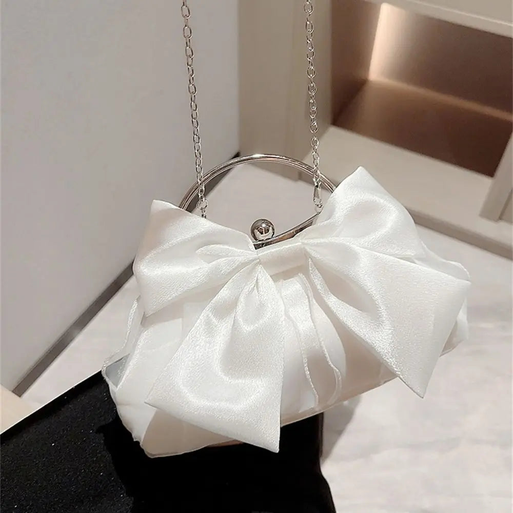 Gold Silk Bowknot Evening Bag Women Elegant Banquet Shoulder Handbag