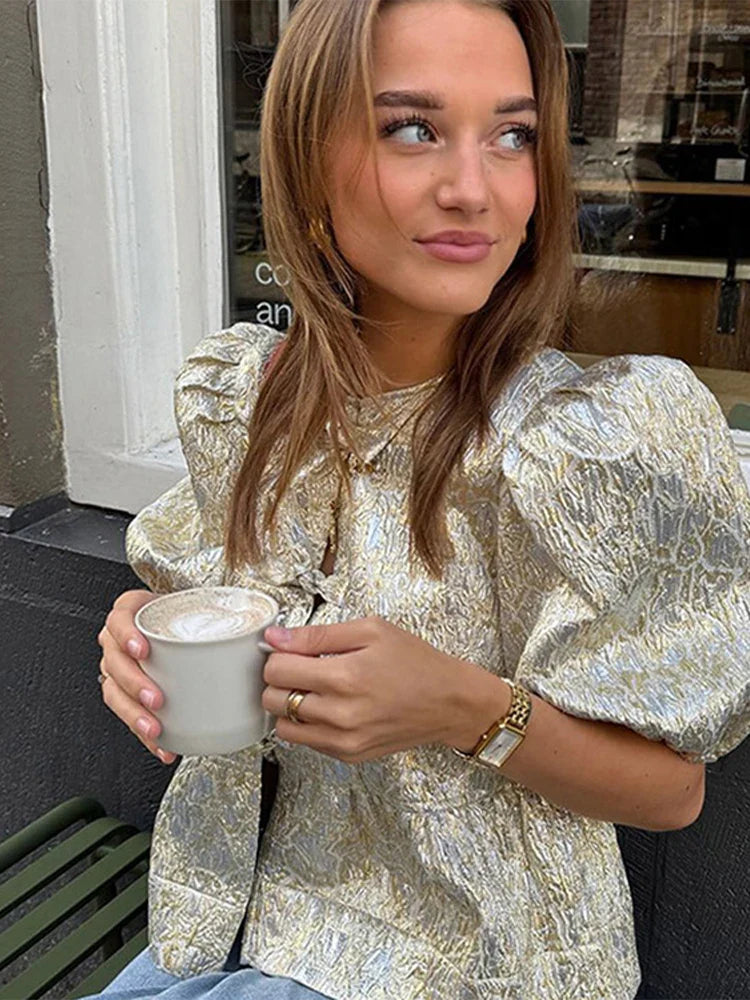 Shimmer Lace-Up Bow Puffy Sleeve Short Blouse