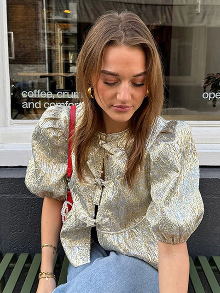 Shimmer Lace-Up Bow Puffy Sleeve Short Blouse