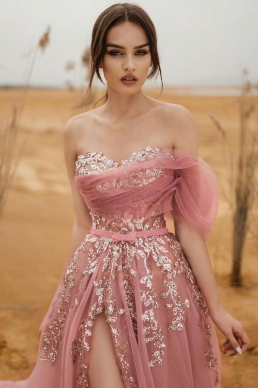 Gorgeous Sweetehart Sequins Appliques Prom Evening Dresses Long With Slit