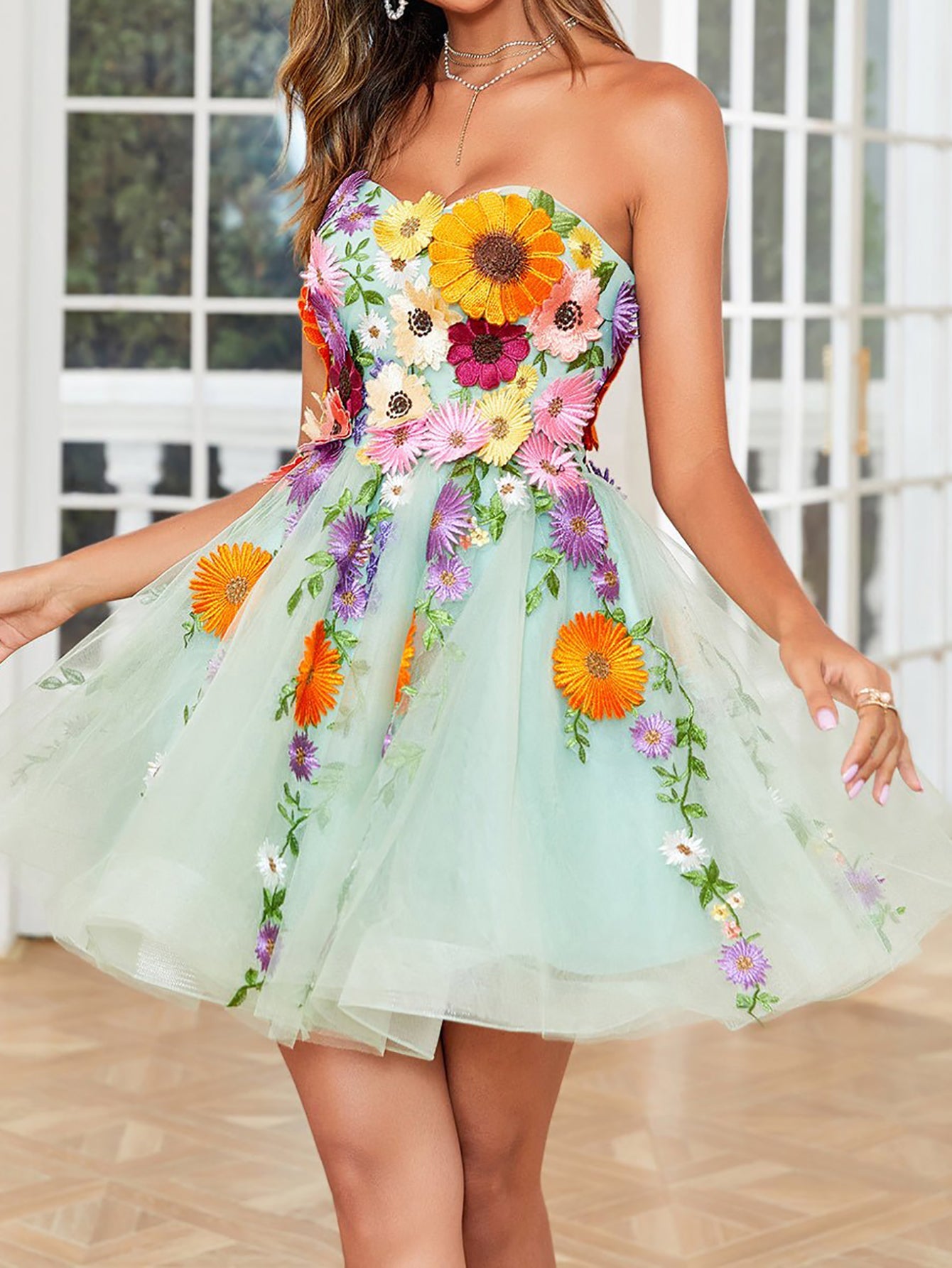 Strapless Champagne A Line Homecoming Dress With 3D Flowers - Fashionpara