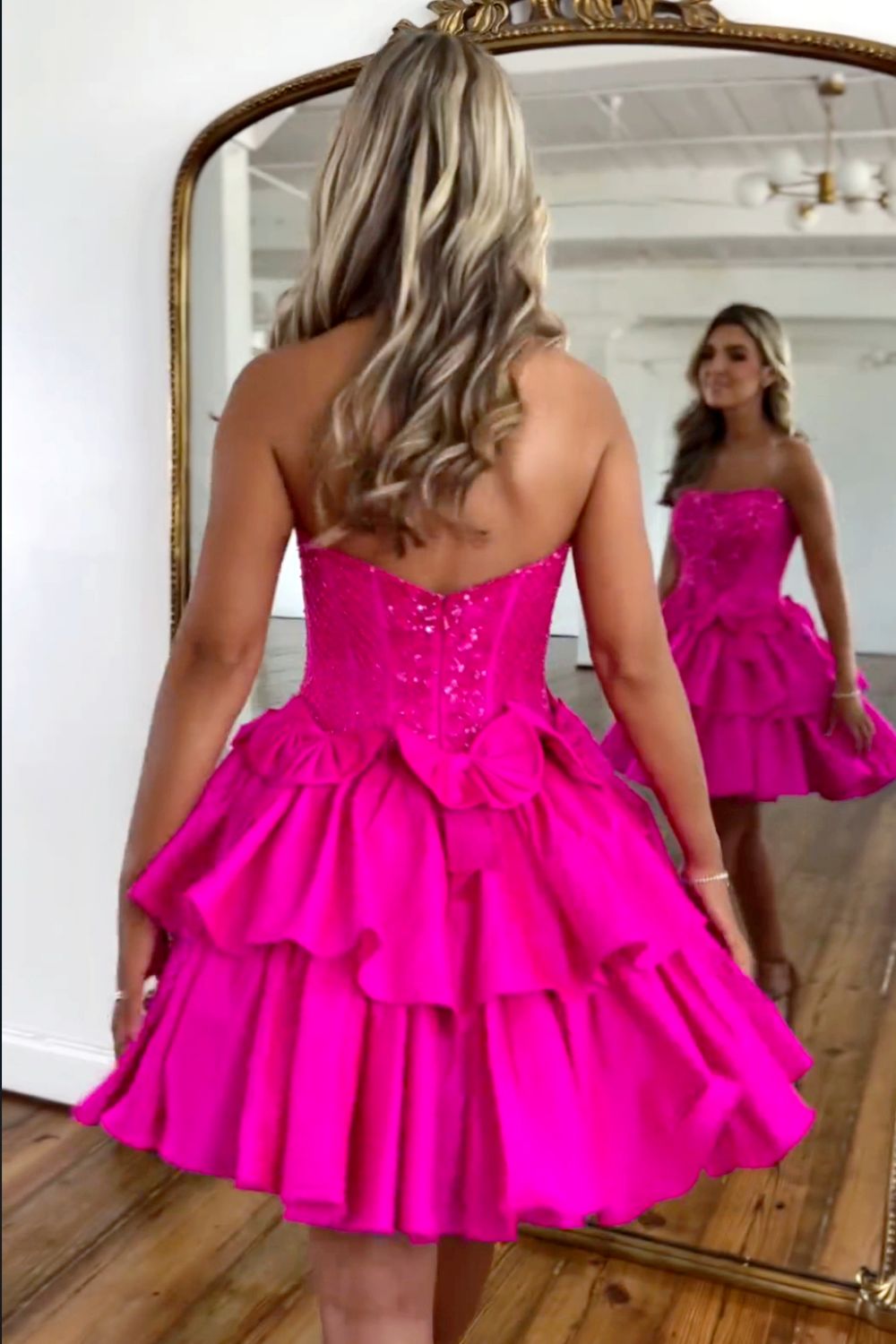 Gorgeous Hot Pink A-Line Strapless Short Satin Homecoming Dress With Beading