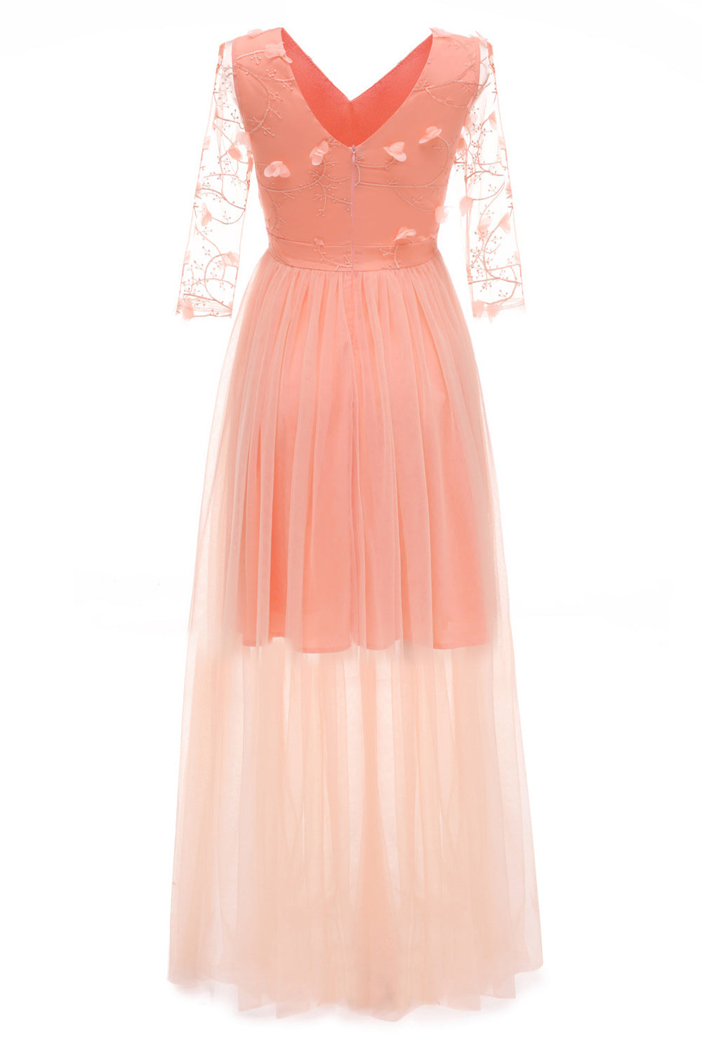 Floral Appliqué Tulle V-Neck Sheer Sleeve A-Line Gown